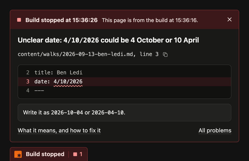 The error card above the red tab, which says Build stopped and counts 1 error. The card says when the build stopped and which build this page is from, then: Unclear date: 4/10/2026 could be 4 October or 10 April, at content/walks/2026-09-13-ben-ledi.md, line 3. Lines 2 to 4 of the file follow, with 4/10/2026 underlined on line 3, then the fix: Write it as 2026-10-04 or 2026-04-10. At the bottom are What it means, and how to fix it, and All problems.