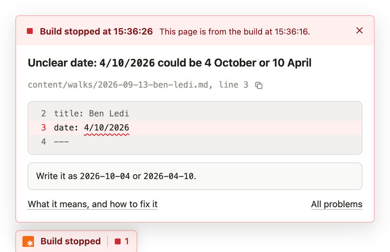 The error card above the red tab, which says Build stopped and counts 1 error. The card says when the build stopped and which build this page is from, then: Unclear date: 4/10/2026 could be 4 October or 10 April, at content/walks/2026-09-13-ben-ledi.md, line 3. Lines 2 to 4 of the file follow, with 4/10/2026 underlined on line 3, then the fix: Write it as 2026-10-04 or 2026-04-10. At the bottom are What it means, and how to fix it, and All problems.